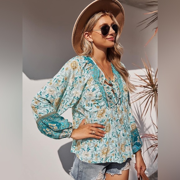 Kaywide Women's Casual Boho Floral Print Long Sleeve Blouse Plus Size 2XL - Picture 2 of 15